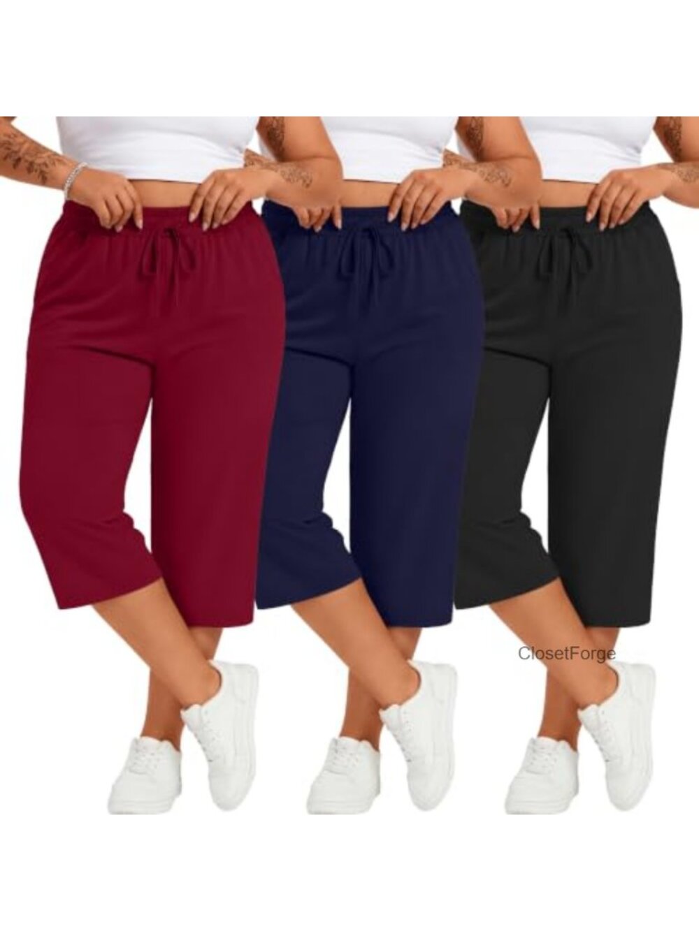 Plus Size Cotton Capris, Stretchy Wide Leg Cropped Pants with Pockets Lounge